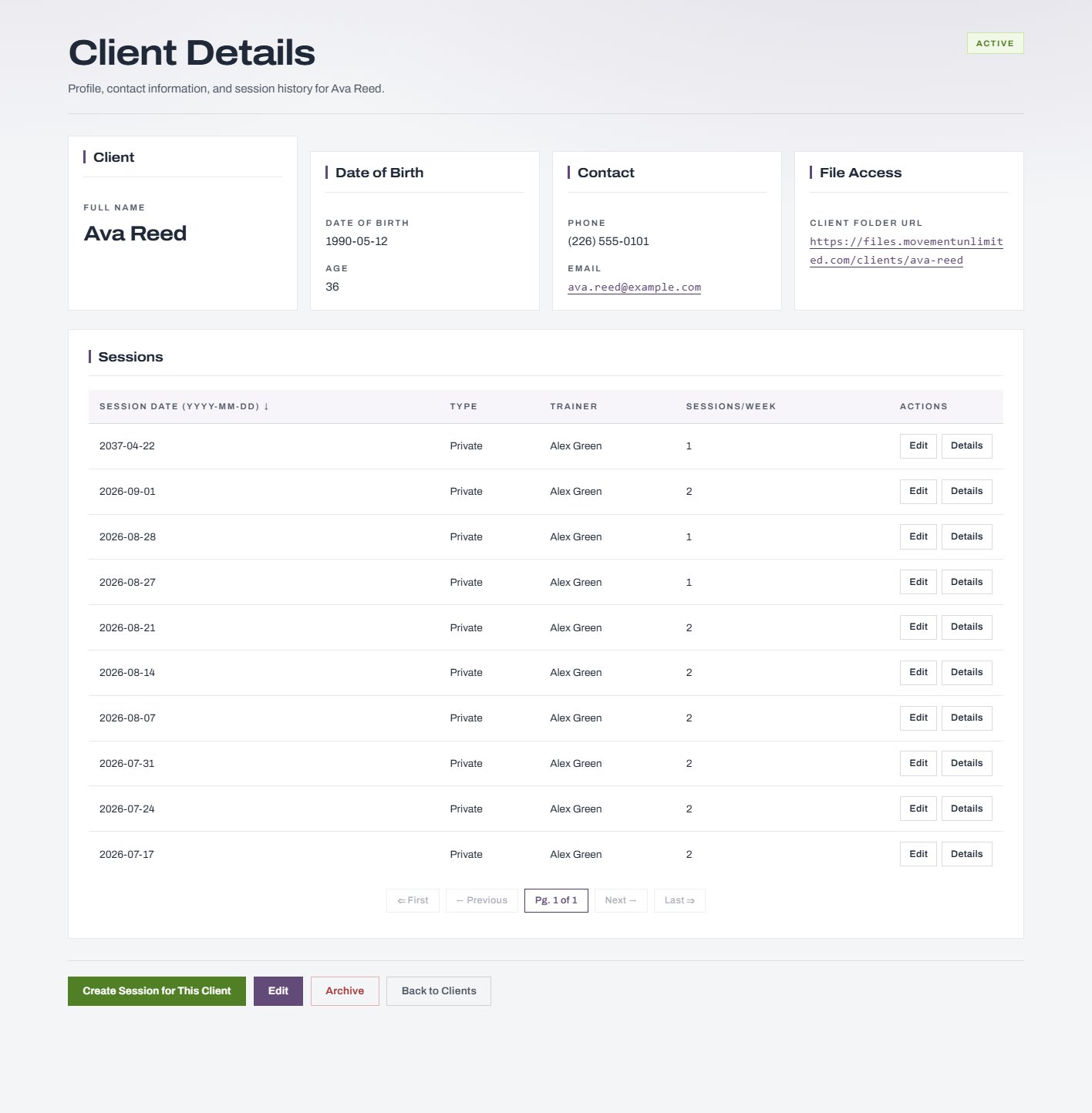 A client record with their session history.