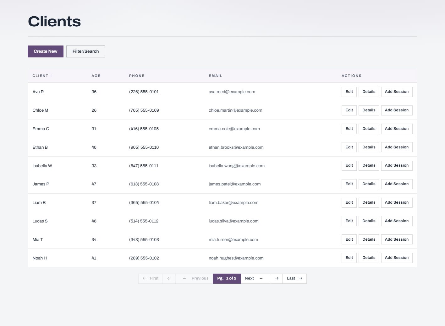 The client list with quick actions.