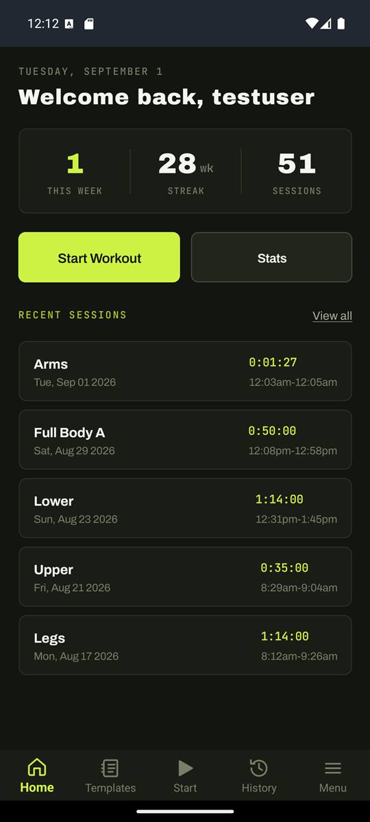 Workout Tracker home screen.